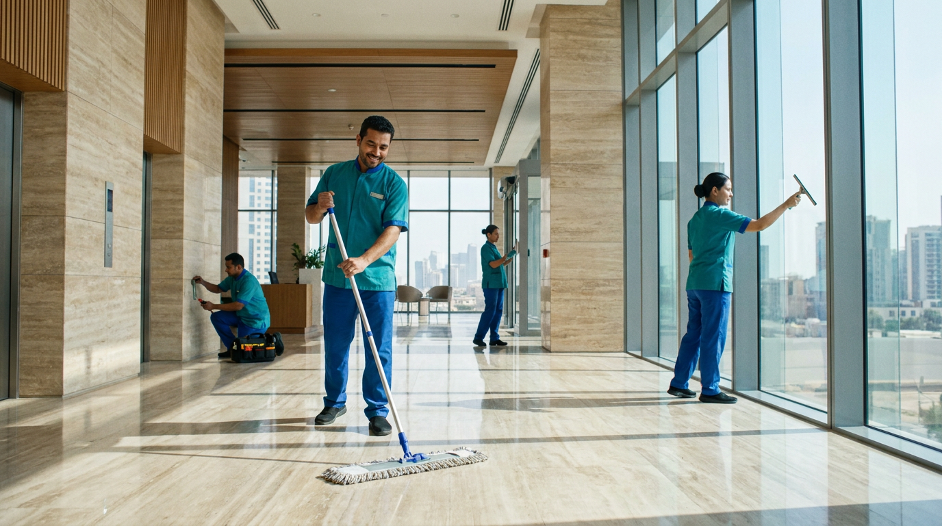 PMC professional cleaning and facility management team at work in a modern commercial building